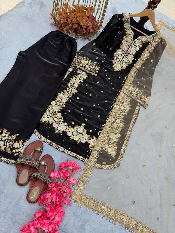 Đěsigner Party Wear Look Pur Chinon Silk Top Plazzo & Dupatta Set
