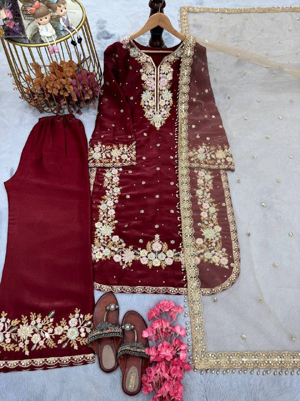 Đěsigner Party Wear Look Pur Chinon Silk Top Plazzo & Dupatta Set