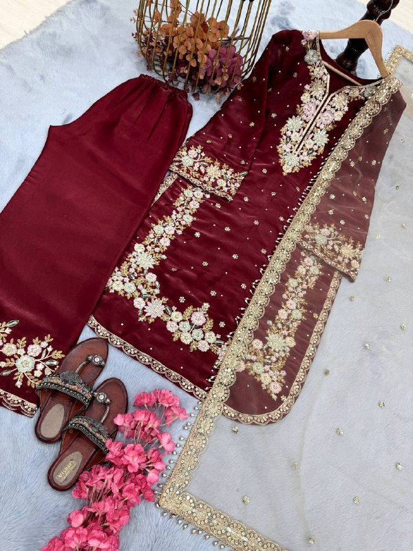 Đěsigner Party Wear Look Pur Chinon Silk Top Plazzo & Dupatta Set