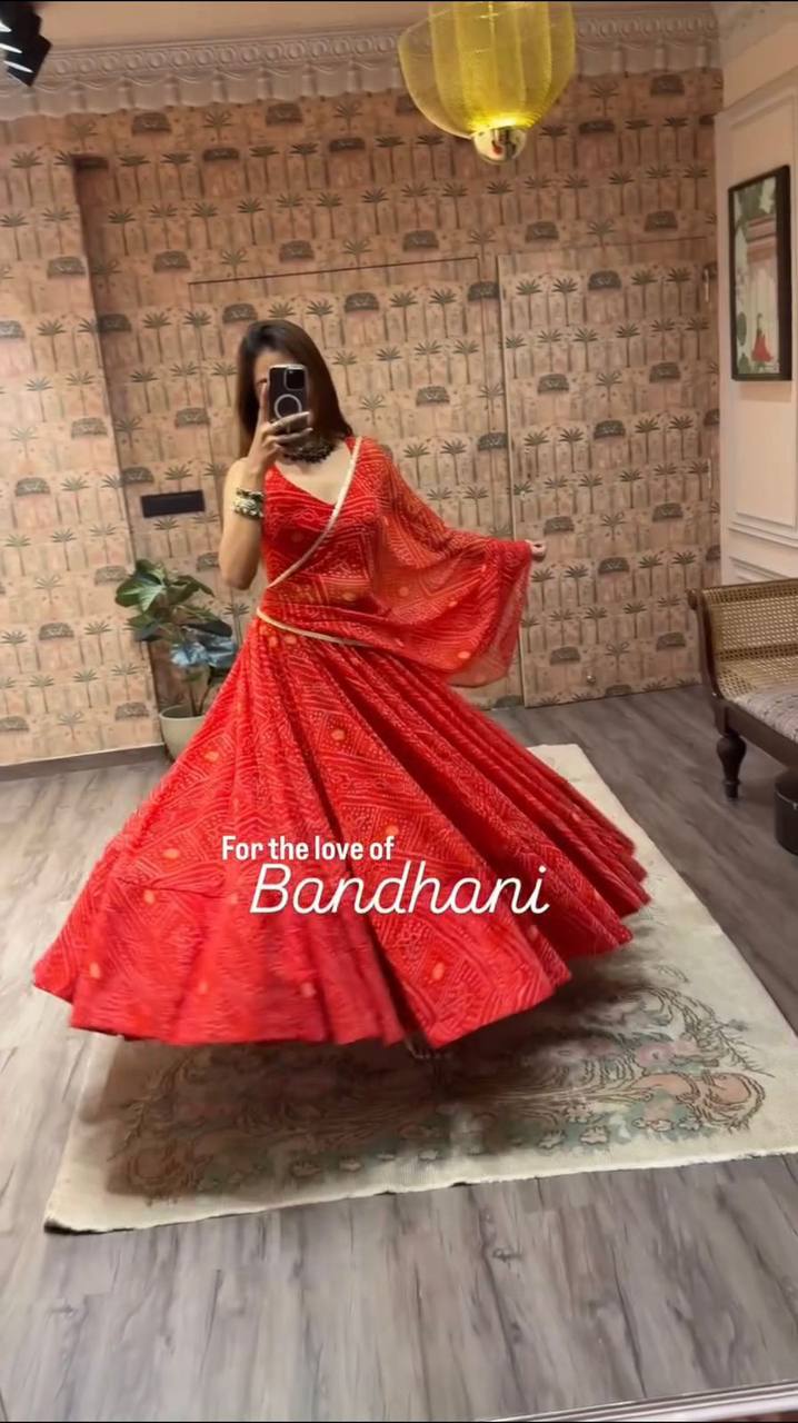 NAVARATRI SEASON OUR EXCLUSIVE PRINTED GEORGETTE FULL STITCHED LEHENGA CHOLI