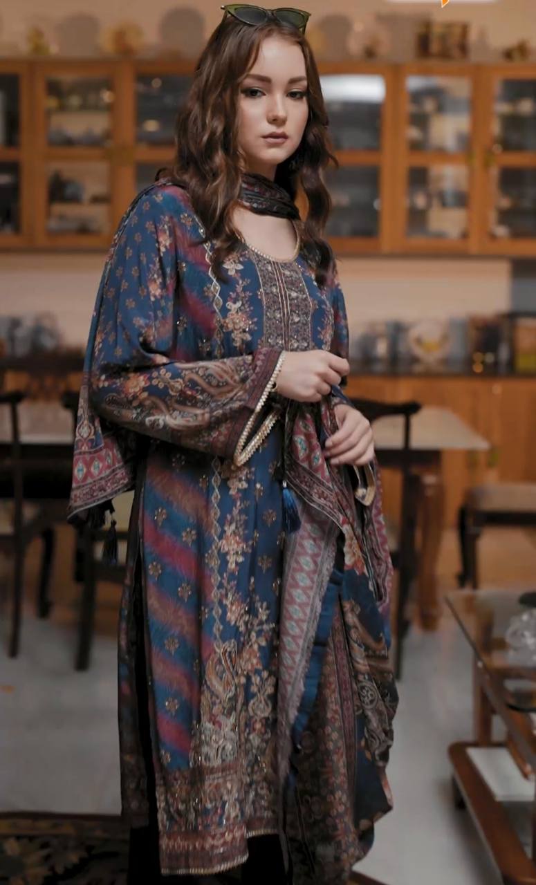 NEW DESIGNER HEAVY TABBY SATIN FANCY DIGITAL PRINT PAKISTANI SUIT
