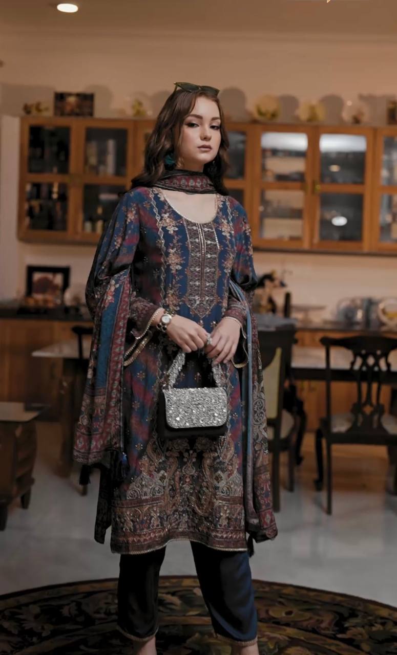 NEW DESIGNER HEAVY TABBY SATIN FANCY DIGITAL PRINT PAKISTANI SUIT