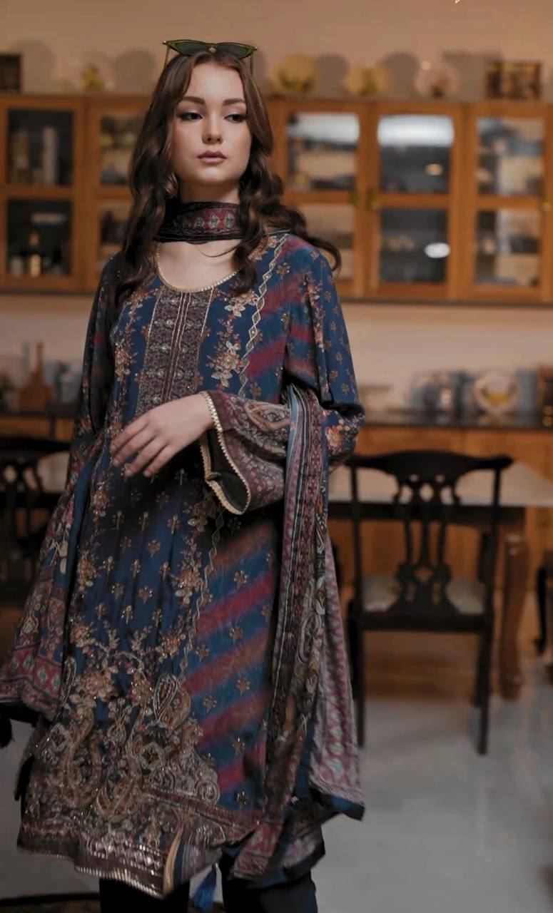 NEW DESIGNER HEAVY TABBY SATIN FANCY DIGITAL PRINT PAKISTANI SUIT