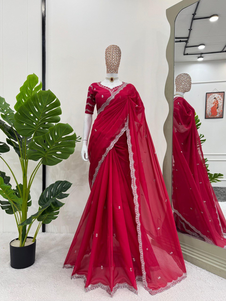 Looking some one for this same colour beautiful Designer Saree on Havy Tibby Silk Febric with Thred & Sequnce work and blouse on Mono Benglori Silk Febric with Thred & Sequnce work.