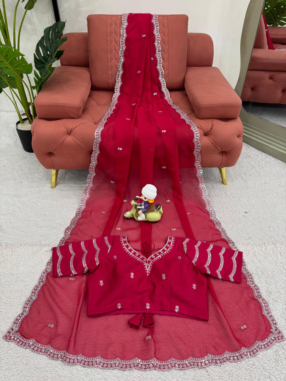 Looking some one for this same colour beautiful Designer Saree on Havy Tibby Silk Febric with Thred & Sequnce work and blouse on Mono Benglori Silk Febric with Thred & Sequnce work.
