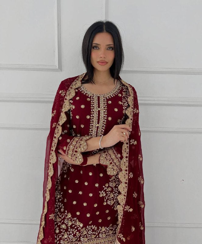New Premium Quality With Embroidery Sequence Worked Top-Plazzo And Dupatta Set Fully Stitched Ready To Wear