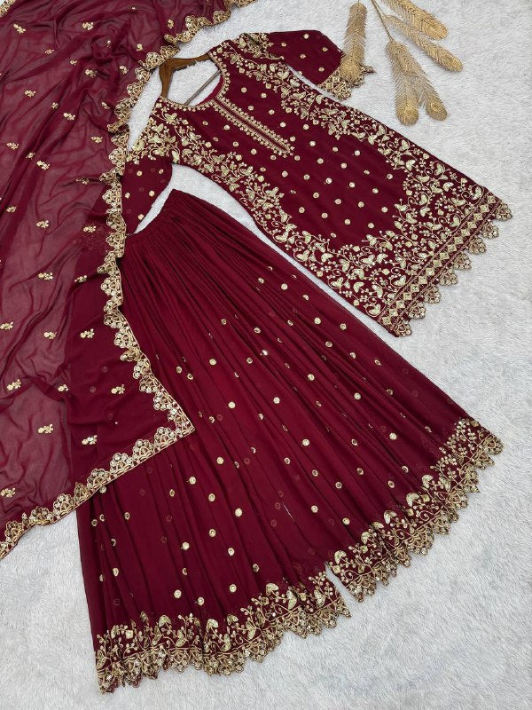 New Premium Quality With Embroidery Sequence Worked Top-Plazzo And Dupatta Set Fully Stitched Ready To Wear