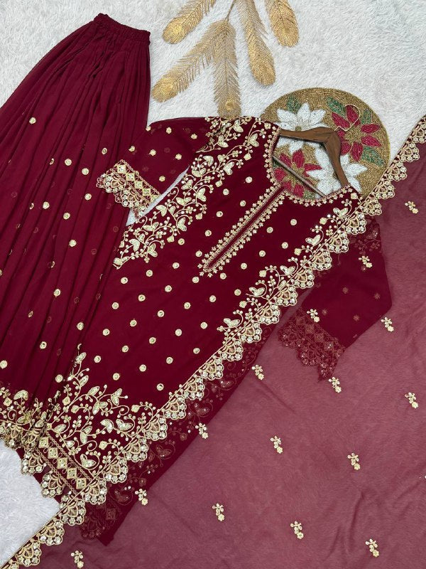 New Premium Quality With Embroidery Sequence Worked Top-Plazzo And Dupatta Set Fully Stitched Ready To Wear