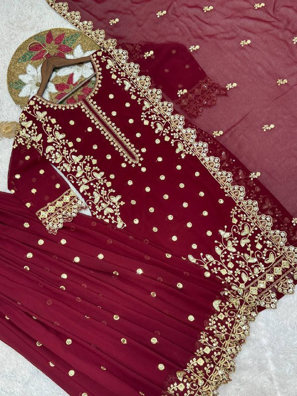 New Premium Quality With Embroidery Sequence Worked Top-Plazzo And Dupatta Set Fully Stitched Ready To Wear