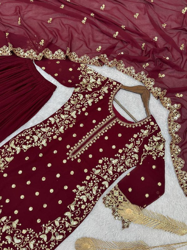 New Premium Quality With Embroidery Sequence Worked Top-Plazzo And Dupatta Set Fully Stitched Ready To Wear