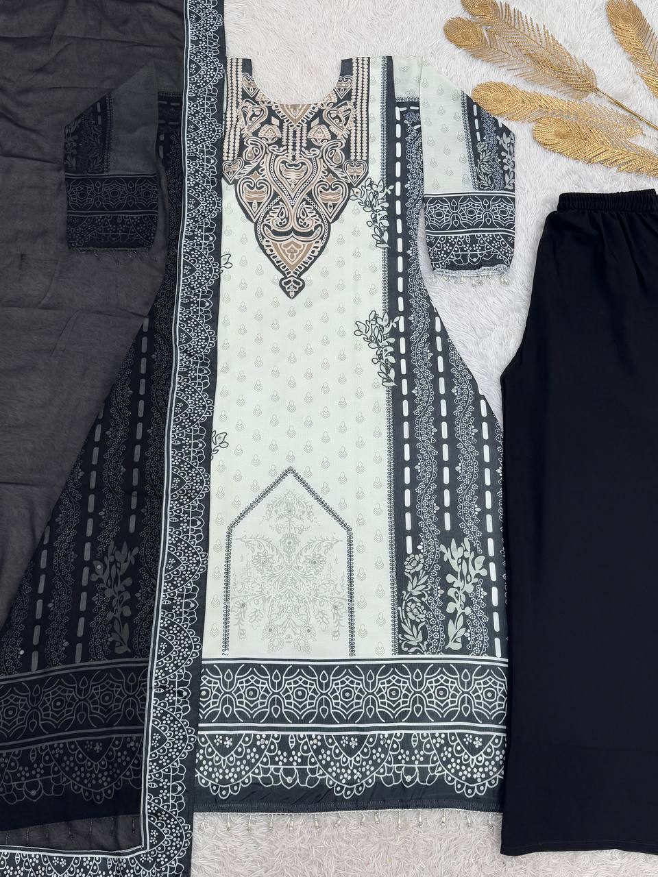 NEW READY TO WEAR COLLECTION FANCY DESIGN WITH DIGITAL PRINTED A-LINE TOP- PLAZZO WITH DUPATTA