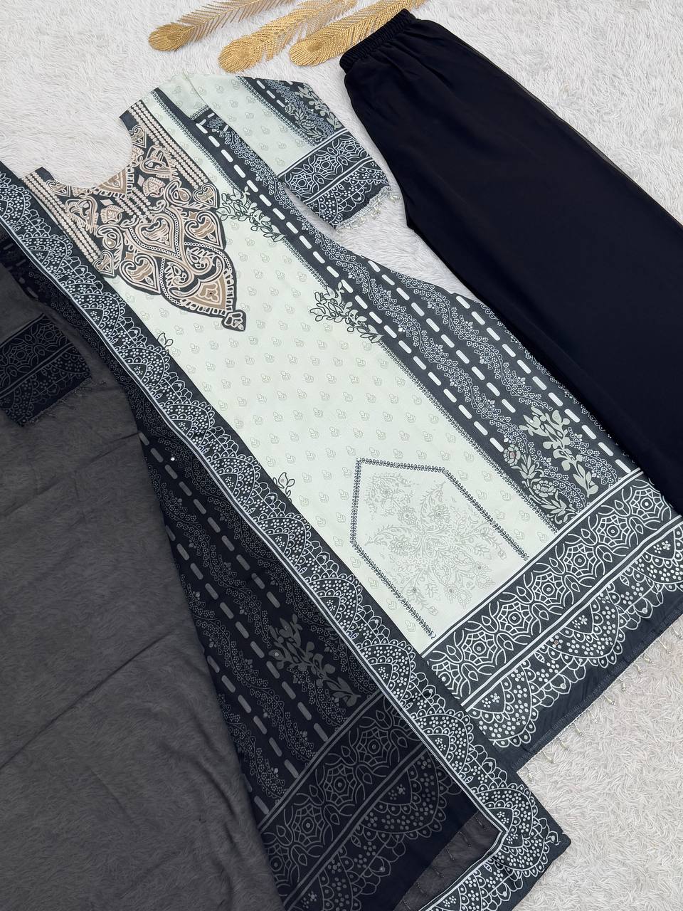 NEW READY TO WEAR COLLECTION FANCY DESIGN WITH DIGITAL PRINTED A-LINE TOP- PLAZZO WITH DUPATTA