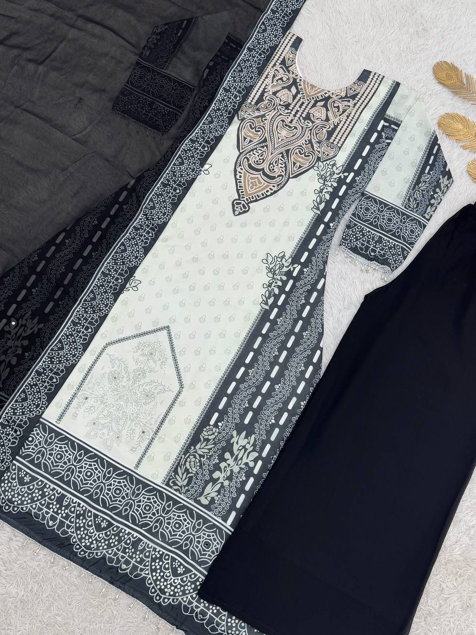 NEW READY TO WEAR COLLECTION FANCY DESIGN WITH DIGITAL PRINTED A-LINE TOP- PLAZZO WITH DUPATTA