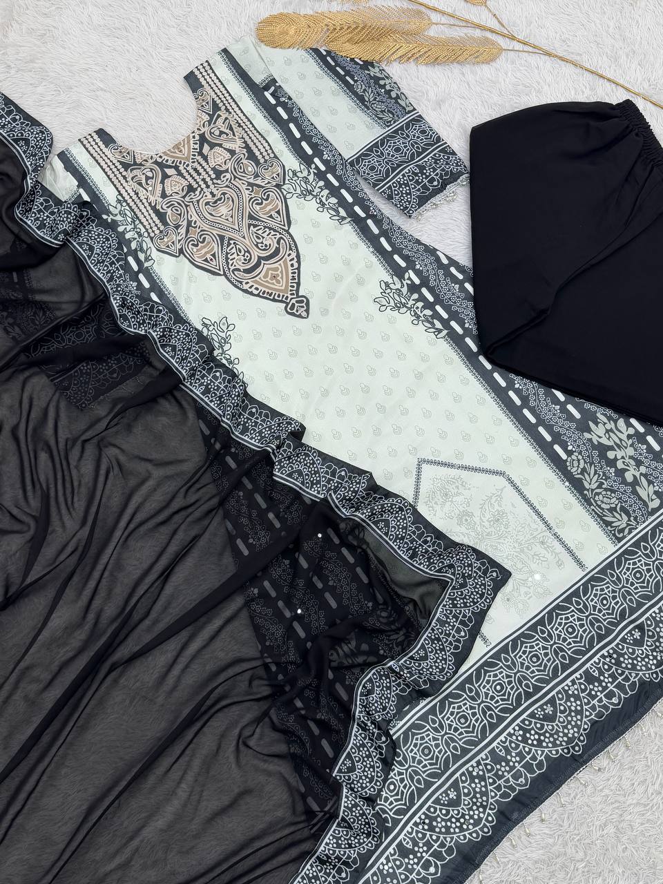 NEW READY TO WEAR COLLECTION FANCY DESIGN WITH DIGITAL PRINTED A-LINE TOP- PLAZZO WITH DUPATTA
