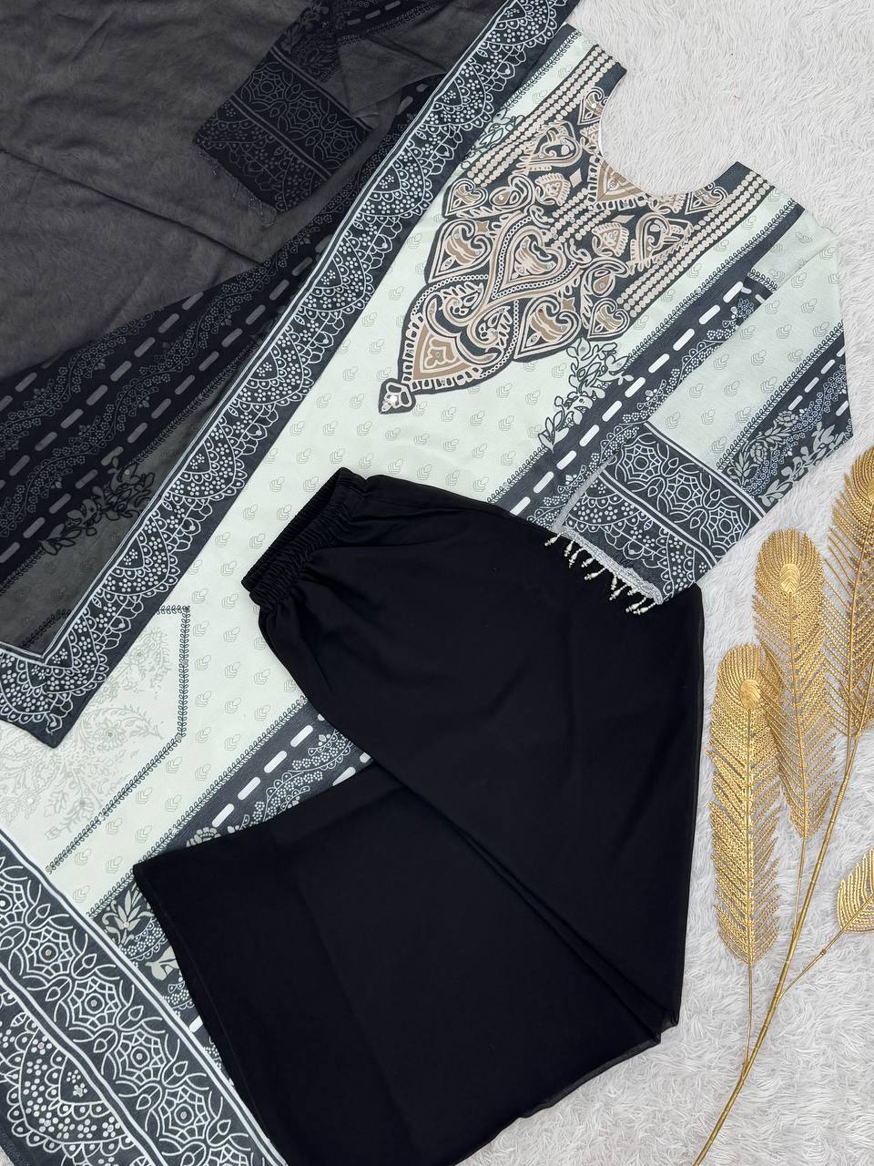 NEW READY TO WEAR COLLECTION FANCY DESIGN WITH DIGITAL PRINTED A-LINE TOP- PLAZZO WITH DUPATTA