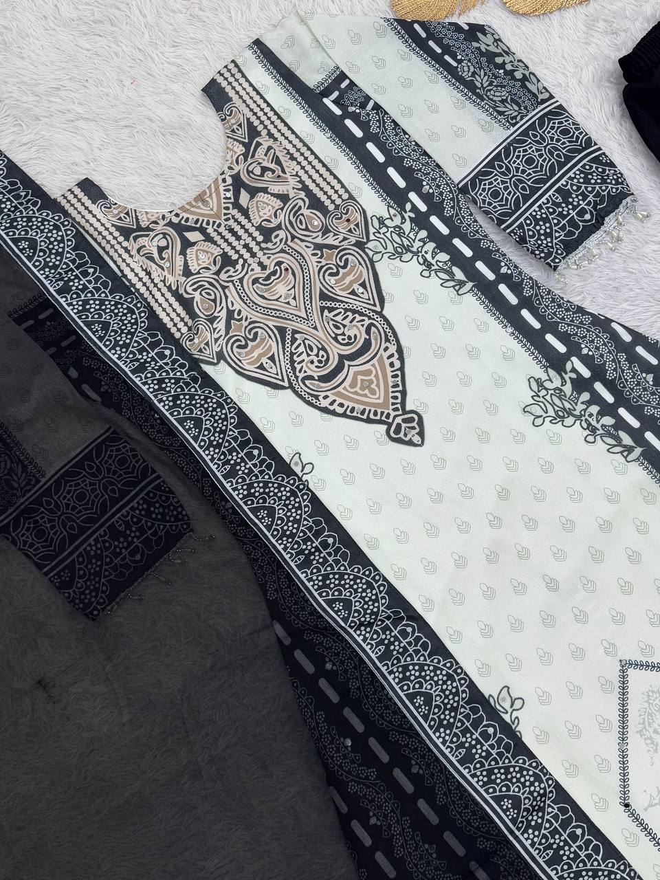 NEW READY TO WEAR COLLECTION FANCY DESIGN WITH DIGITAL PRINTED A-LINE TOP- PLAZZO WITH DUPATTA