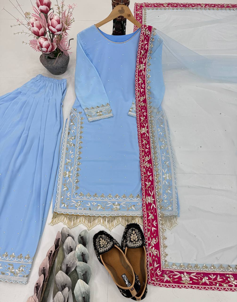 DESIGNER HEAVY DIAMOND GEORGETTE EMBROIDERED SEQUENCE WORK WITH FANCY TOP-FARSHI PLAZZO DUPATTA SET