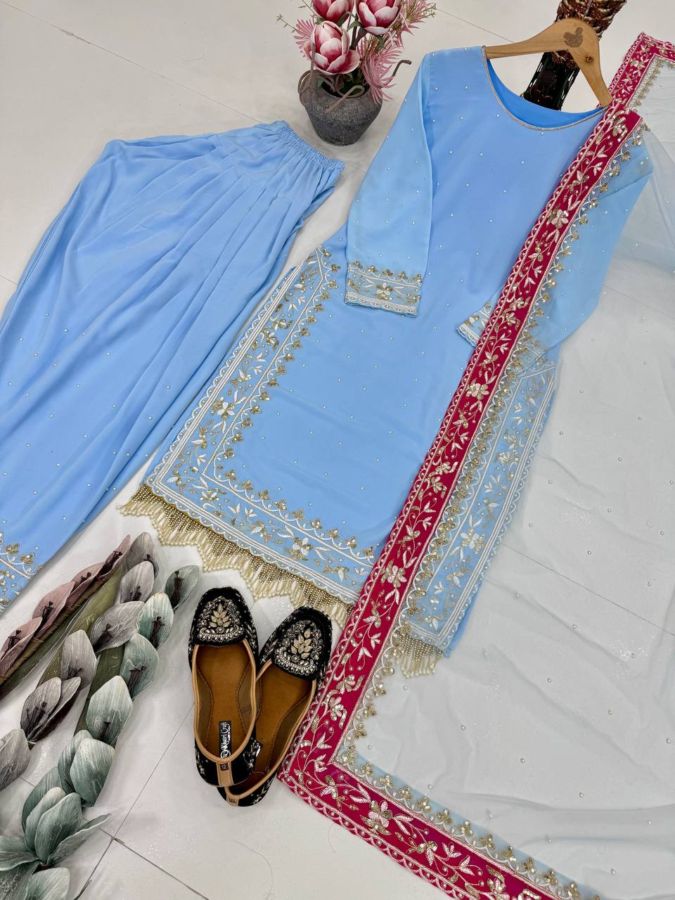 DESIGNER HEAVY DIAMOND GEORGETTE EMBROIDERED SEQUENCE WORK WITH FANCY TOP-FARSHI PLAZZO DUPATTA SET