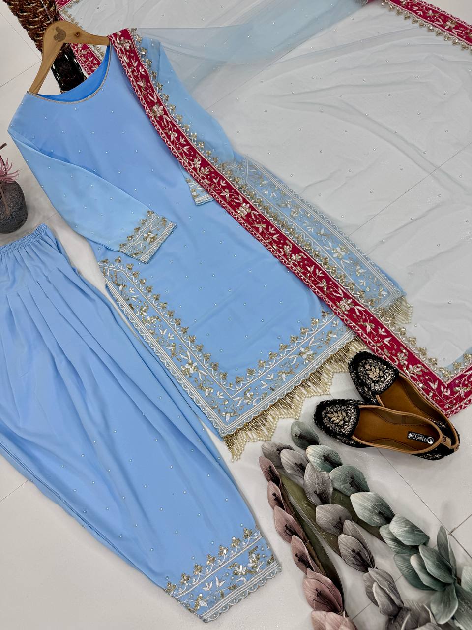 DESIGNER HEAVY DIAMOND GEORGETTE EMBROIDERED SEQUENCE WORK WITH FANCY TOP-FARSHI PLAZZO DUPATTA SET