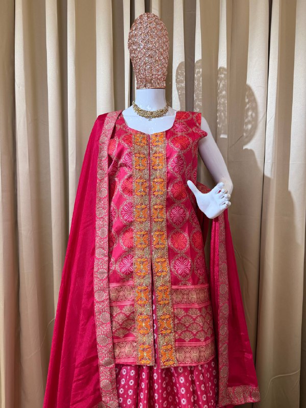 3 PIECE TOP, LEHENGA & DUPATTA SET WITH EMBROIDERY WORK ON CHINON FABRIC