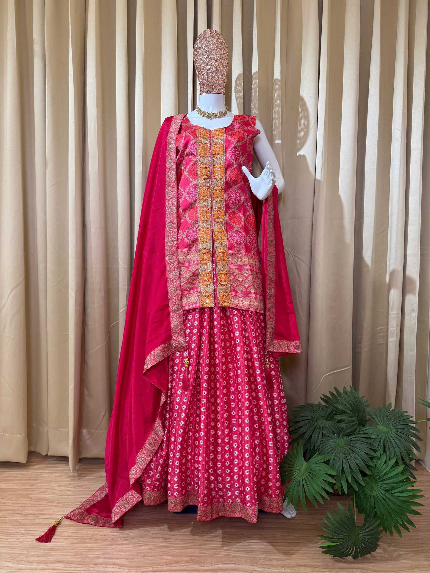3 PIECE TOP, LEHENGA & DUPATTA SET WITH EMBROIDERY WORK ON CHINON FABRIC