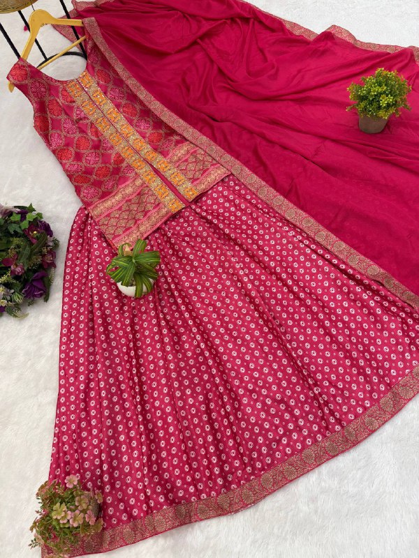 3 PIECE TOP, LEHENGA & DUPATTA SET WITH EMBROIDERY WORK ON CHINON FABRIC