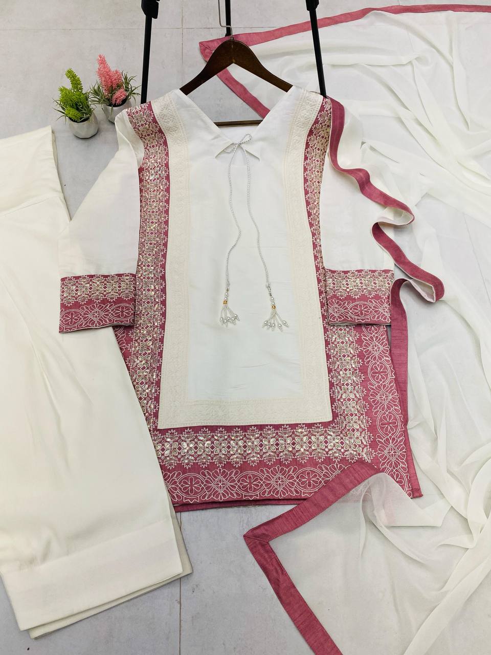 KURTA AND FARSHI SALWAAR SET WITH DUPATTA WITH SEQUENCE EMBROIDERY WORK