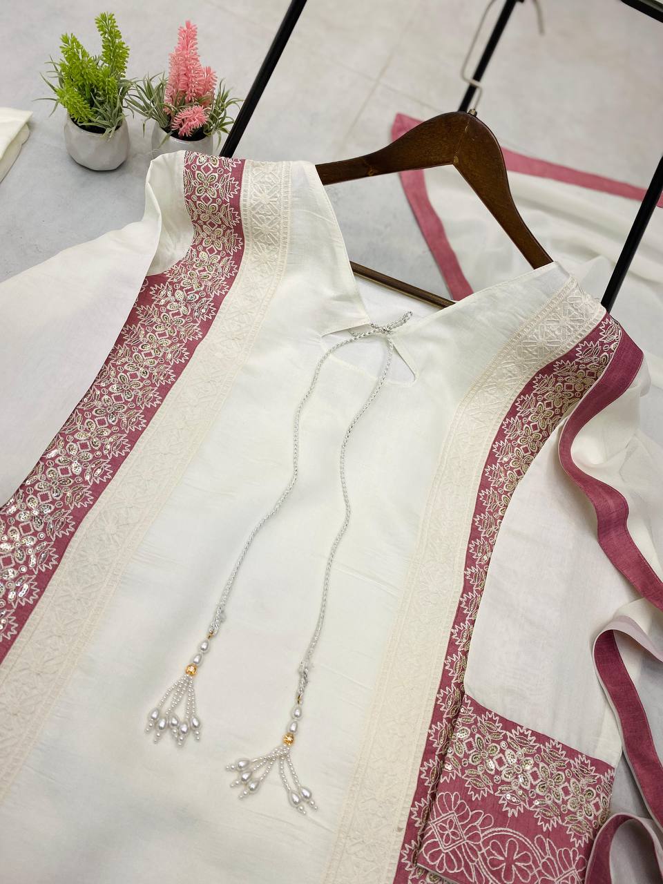 KURTA AND FARSHI SALWAAR SET WITH DUPATTA WITH SEQUENCE EMBROIDERY WORK
