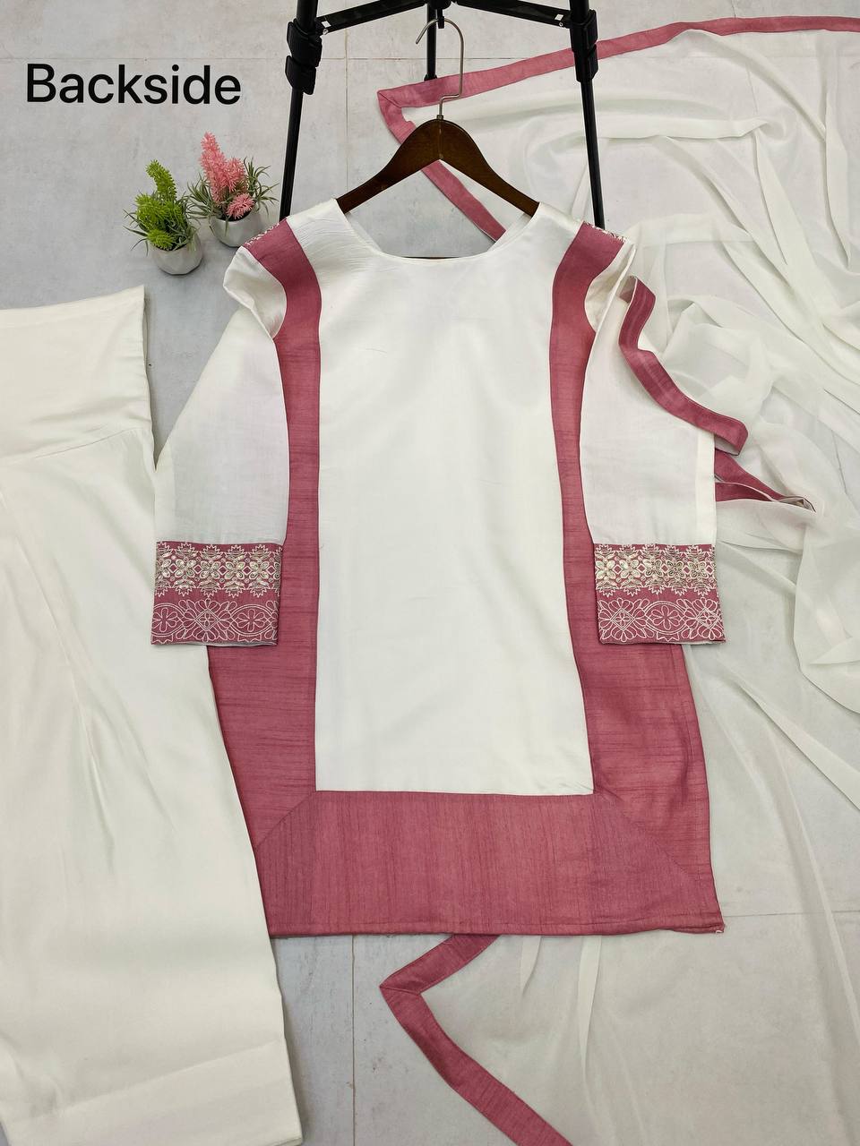 KURTA AND FARSHI SALWAAR SET WITH DUPATTA WITH SEQUENCE EMBROIDERY WORK