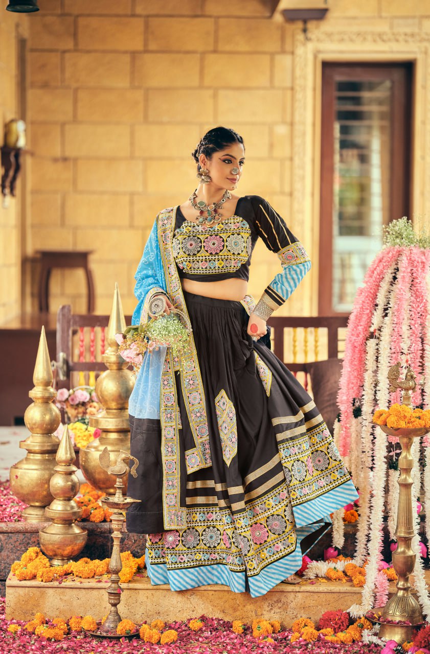 navrati RAYON FABRIC WITH EMBROIDERY & MIRROR WORKLEHENGA, BLOUSE & DUPATTA SET