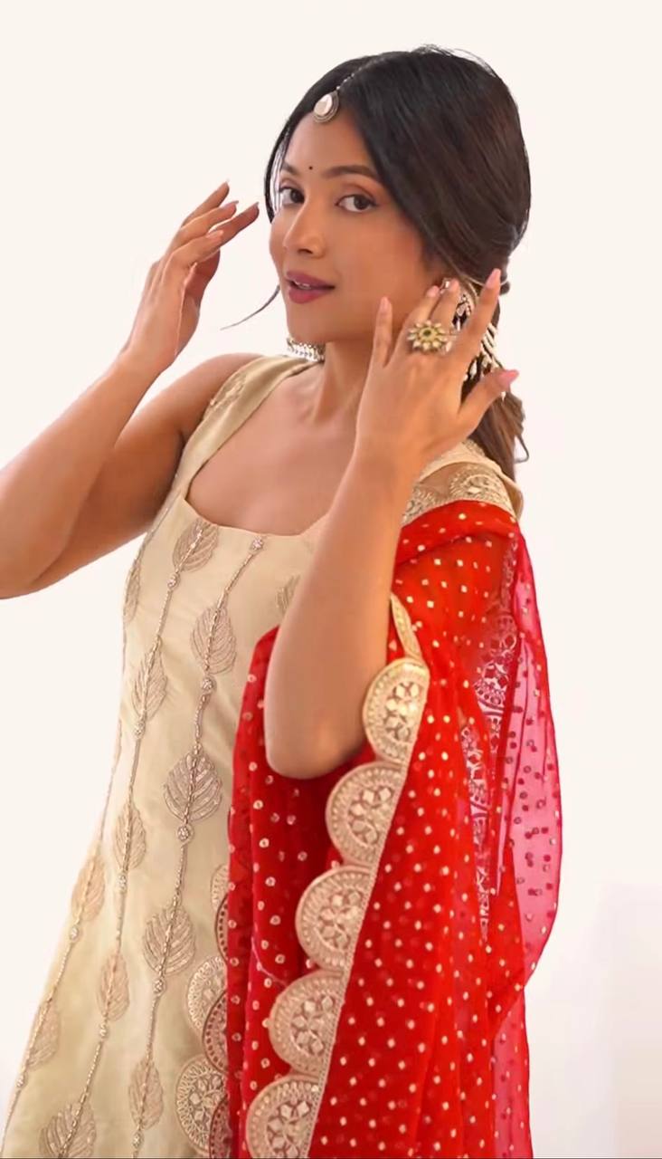 Natural Crep Silk With *Heavy Embroidery Coding Sequence Work single available wholesale