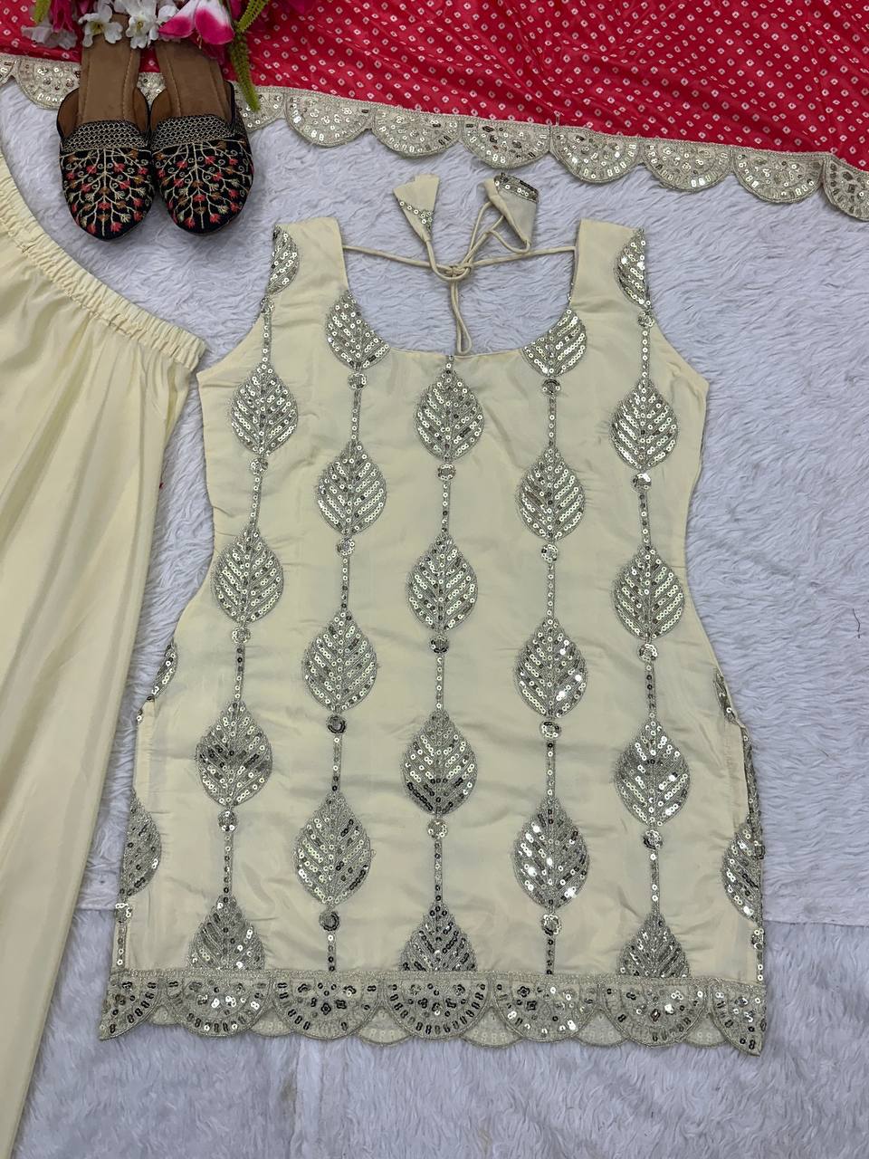 Natural Crep Silk With *Heavy Embroidery Coding Sequence Work single available wholesale