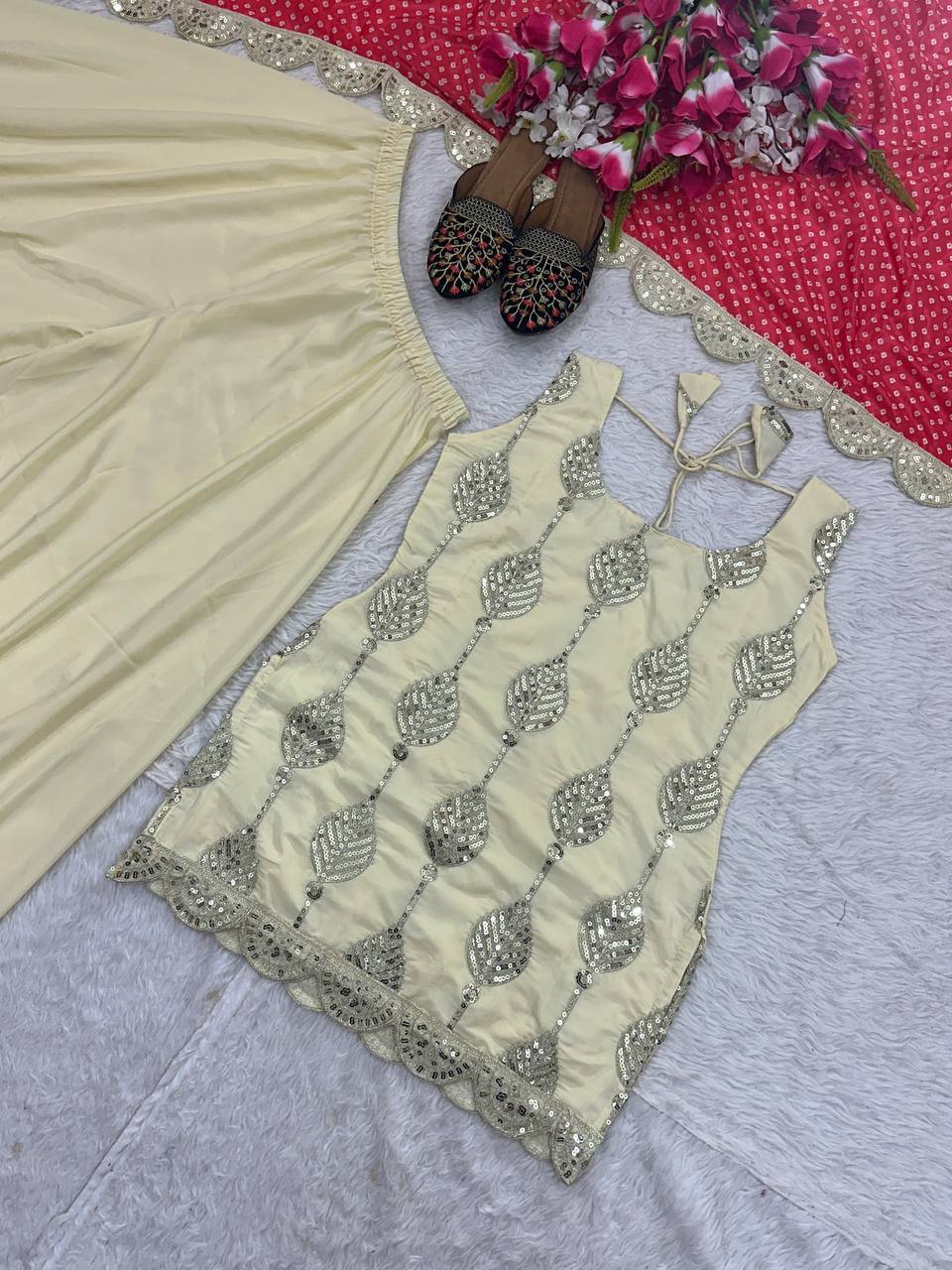 Natural Crep Silk With *Heavy Embroidery Coding Sequence Work single available wholesale