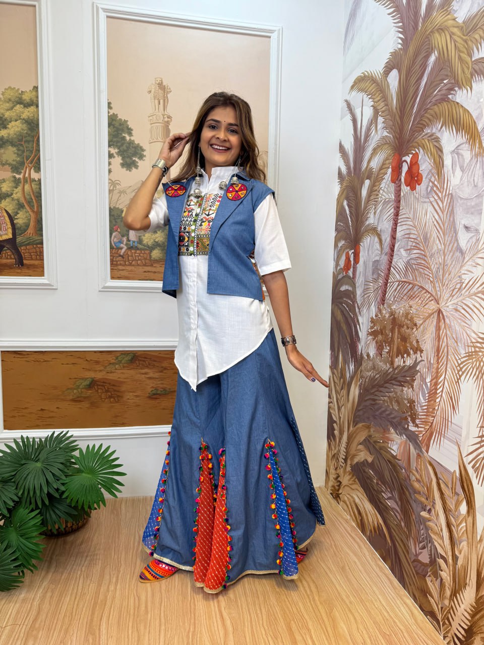 THIS NAVRATRI WITH NEW STYLE, LAUNCHING DENIM JEANS PLAZZO, KOTI & SHIRT WITH EMBROIDERY WORK AND KODI LACE single available wholesale