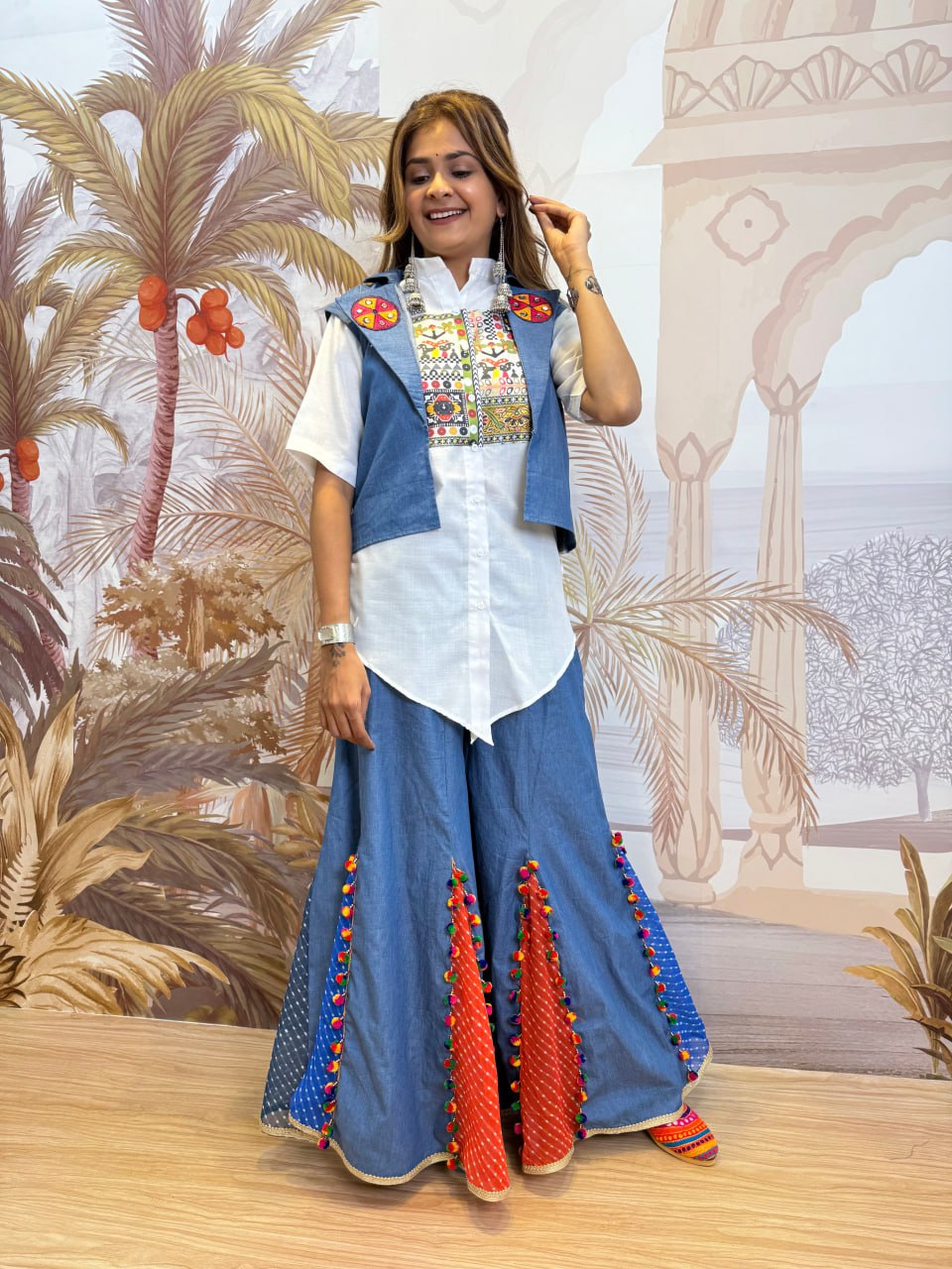 THIS NAVRATRI WITH NEW STYLE, LAUNCHING DENIM JEANS PLAZZO, KOTI & SHIRT WITH EMBROIDERY WORK AND KODI LACE single available wholesale