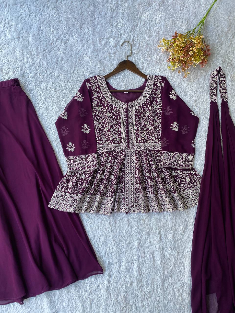 EMBROIDERED PEPLUM TOP WITH PLAZZO PAIR