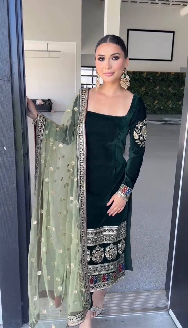 Party Wear Viscose Velvet Designer Look Top-Dupatta and Fully Stiched Bottom With Heavy Embroidery Siquance Work