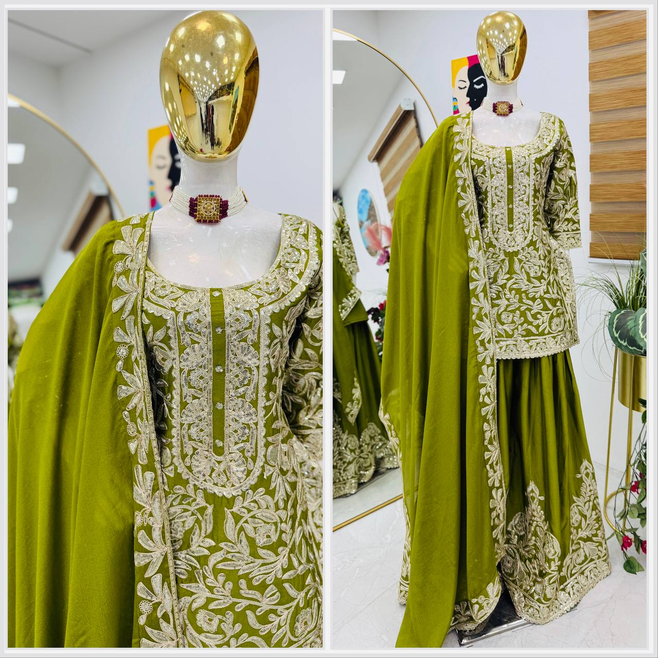 mehndi PARTY WEAR TOP AND PLAZZO. WITH FANCY DUPPATA AND EMBROIDERY WORK