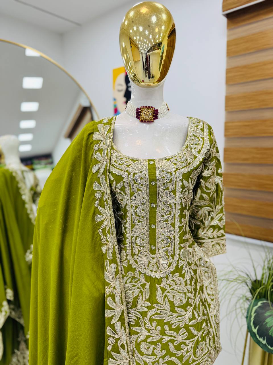 mehndi PARTY WEAR TOP AND PLAZZO. WITH FANCY DUPPATA AND EMBROIDERY WORK