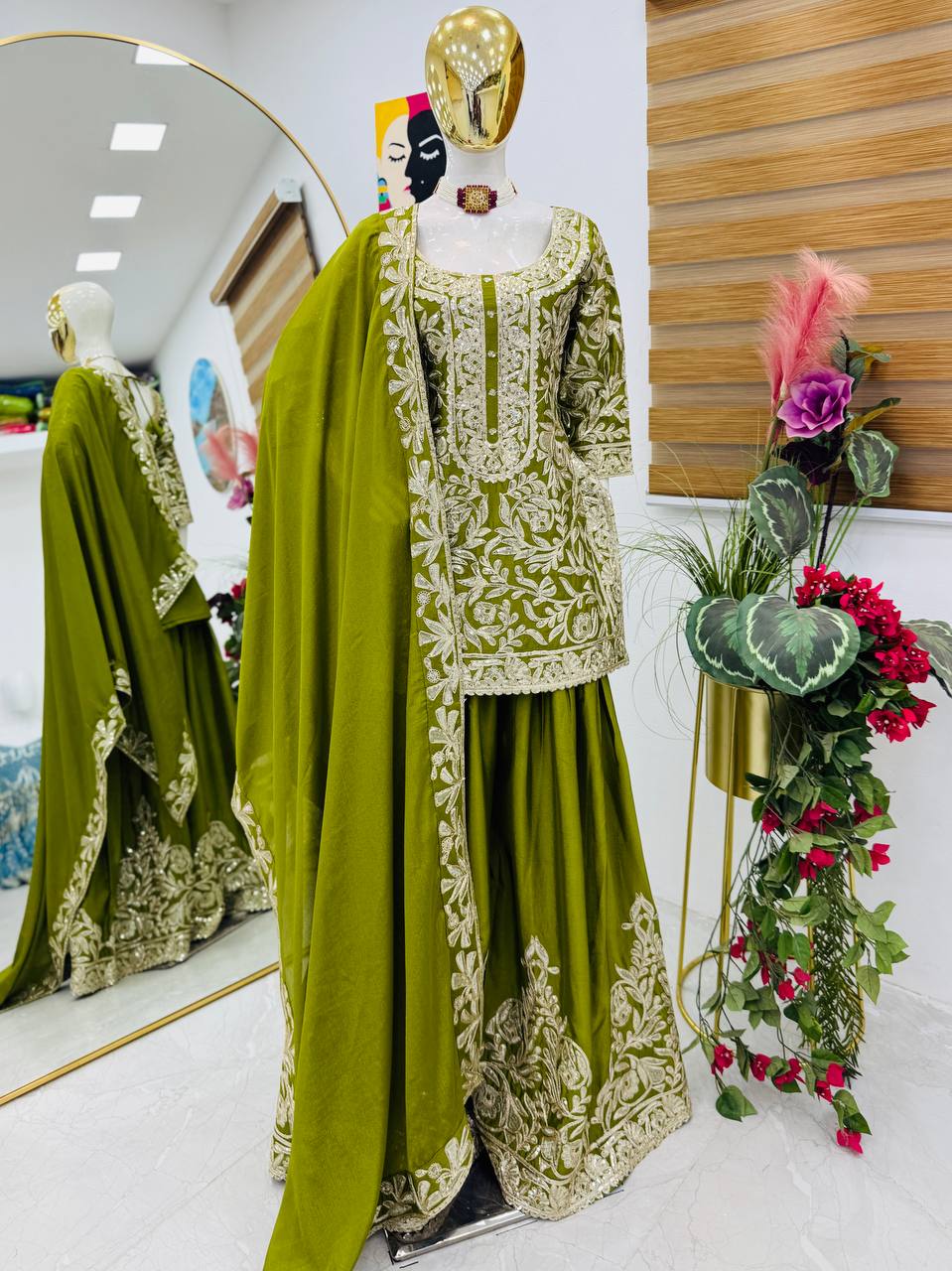 mehndi PARTY WEAR TOP AND PLAZZO. WITH FANCY DUPPATA AND EMBROIDERY WORK