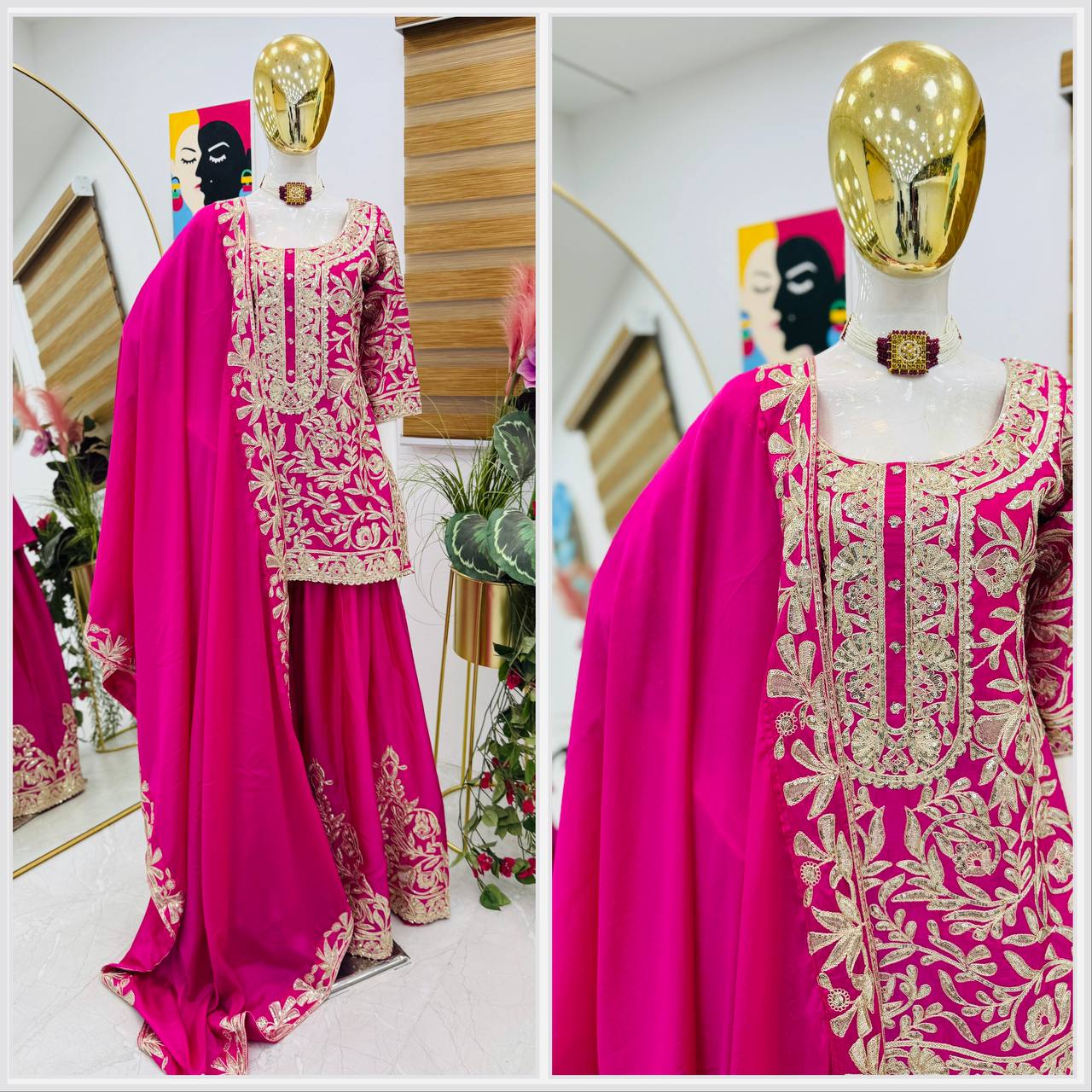 mehndi PARTY WEAR TOP AND PLAZZO. WITH FANCY DUPPATA AND EMBROIDERY WORK