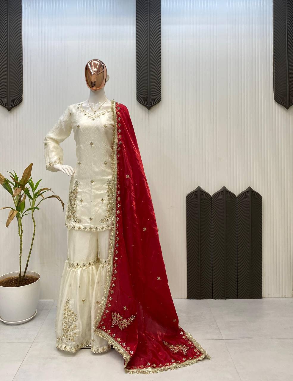 DESIGNER AND ELEGANCE SARARA SUIT IN THREE PIECE WITH REAL MIRROR AND SEQUENCE EMBROIDERY WORK single available wholesale