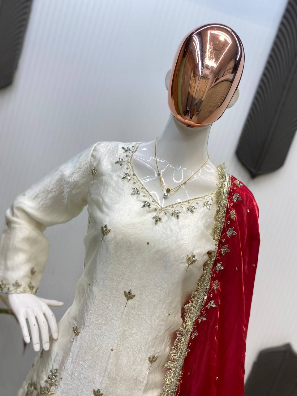 DESIGNER AND ELEGANCE SARARA SUIT IN THREE PIECE WITH REAL MIRROR AND SEQUENCE EMBROIDERY WORK single available wholesale