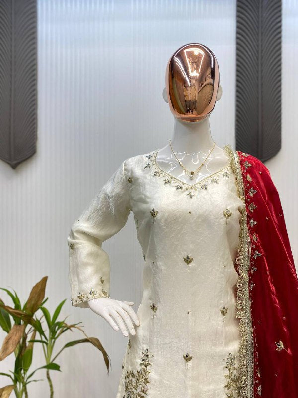 DESIGNER AND ELEGANCE SARARA SUIT IN THREE PIECE WITH REAL MIRROR AND SEQUENCE EMBROIDERY WORK single available wholesale