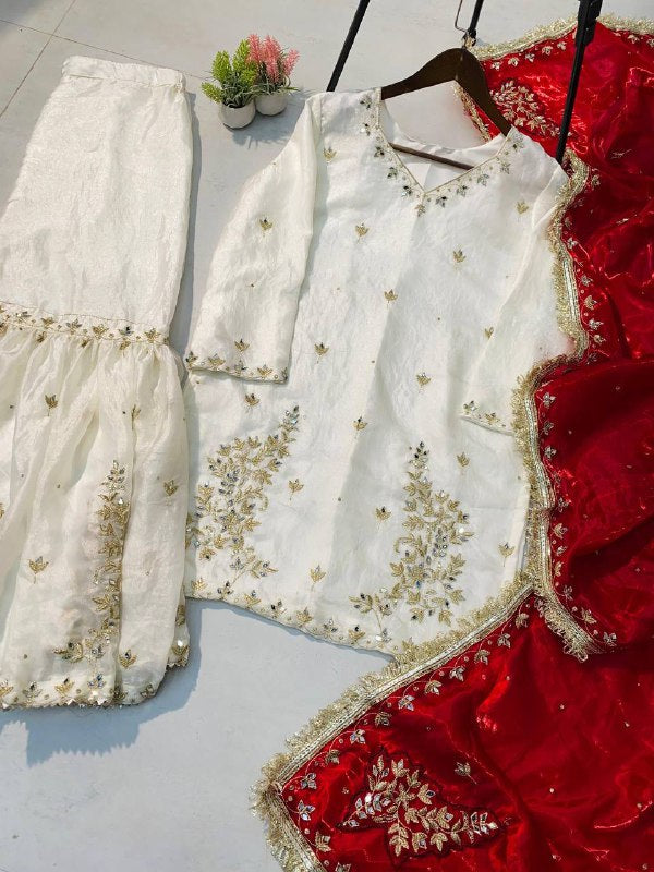 DESIGNER AND ELEGANCE SARARA SUIT IN THREE PIECE WITH REAL MIRROR AND SEQUENCE EMBROIDERY WORK single available wholesale