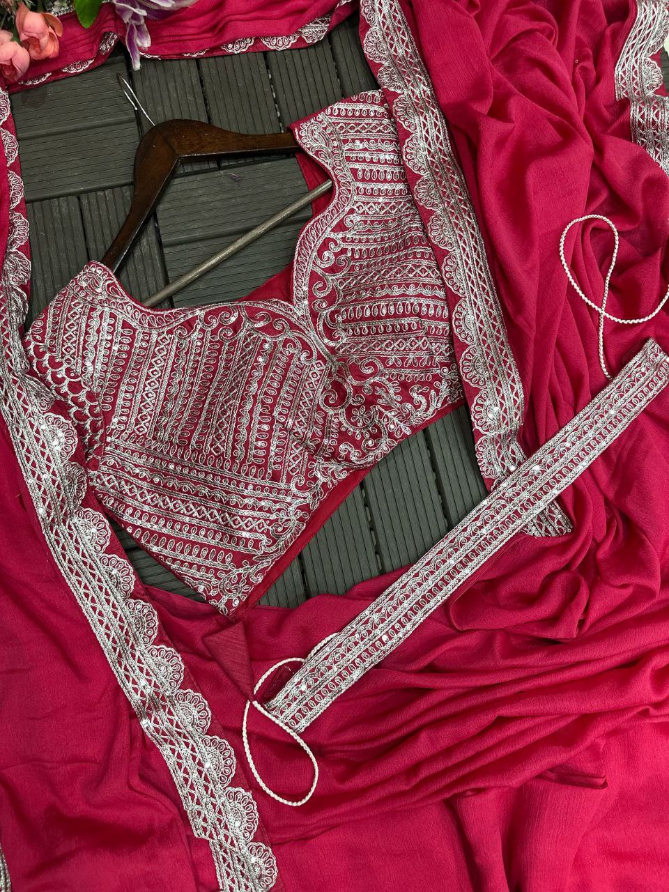 Trending Embroidery cording work ready to wear saree with Embroidery Blouse