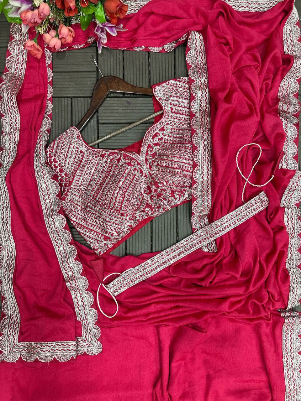 Trending Embroidery cording work ready to wear saree with Embroidery Blouse