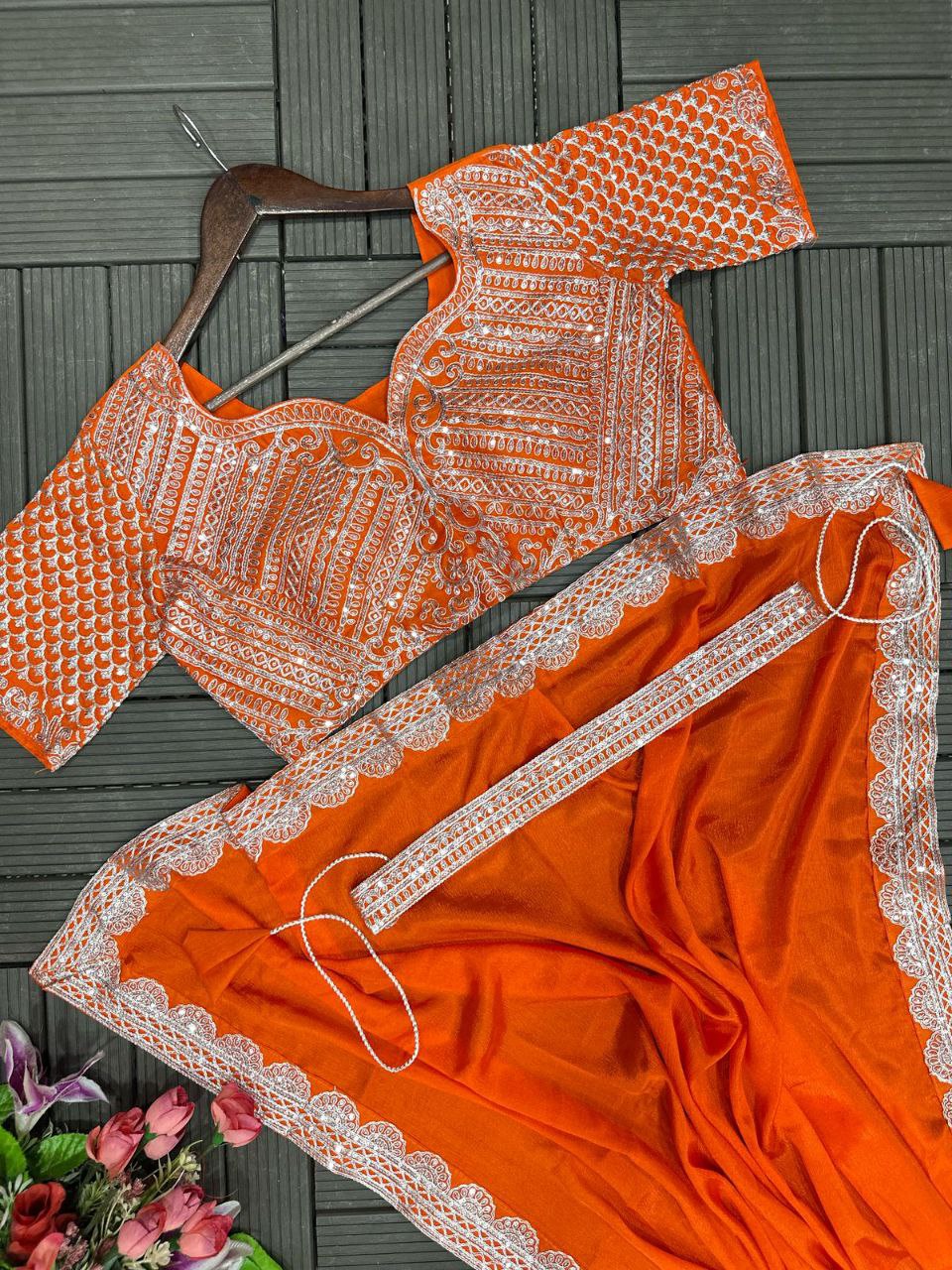 Trending Embroidery cording work ready to wear saree with Embroidery Blouse