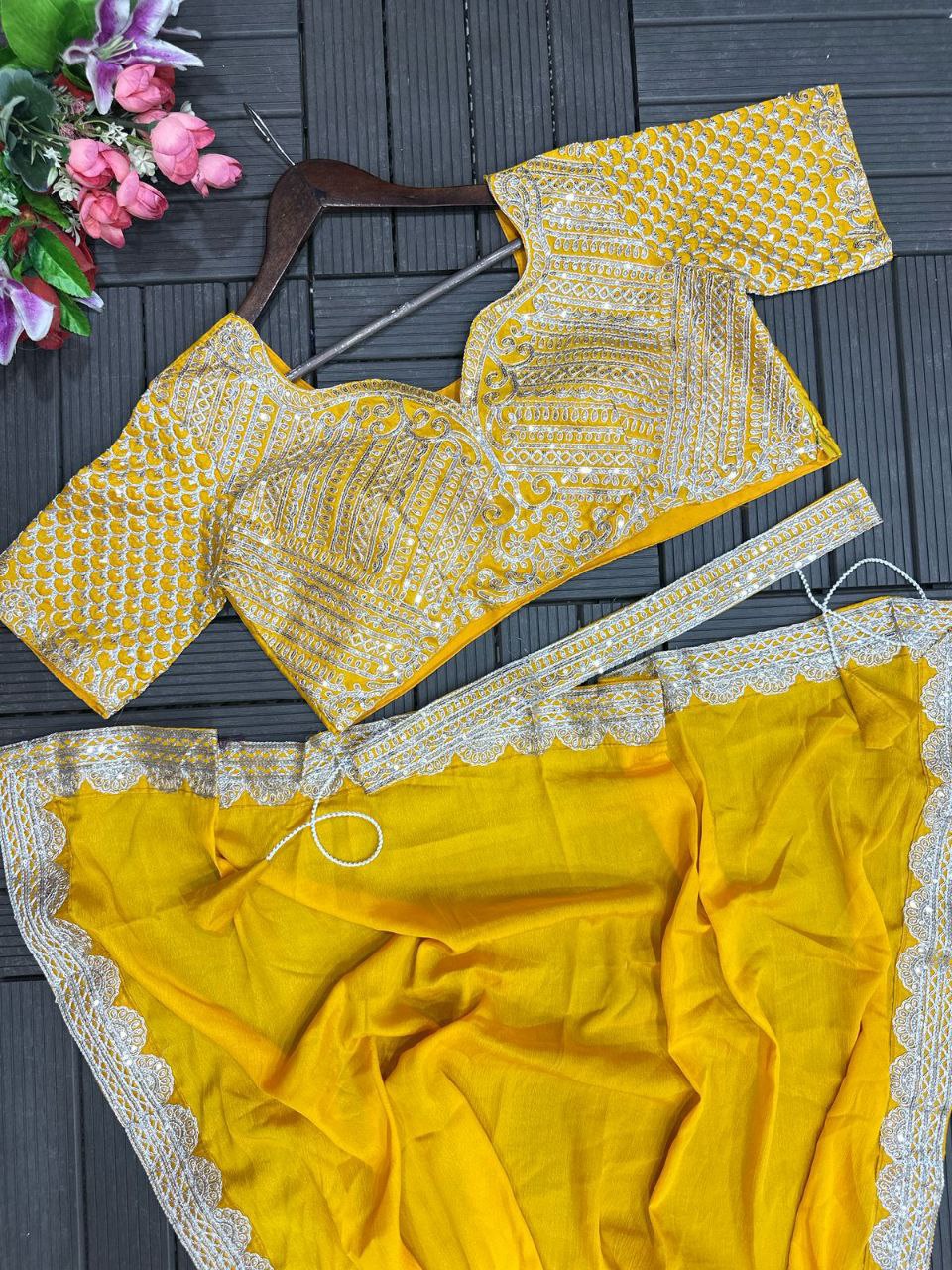 Trending Embroidery cording work ready to wear saree with Embroidery Blouse