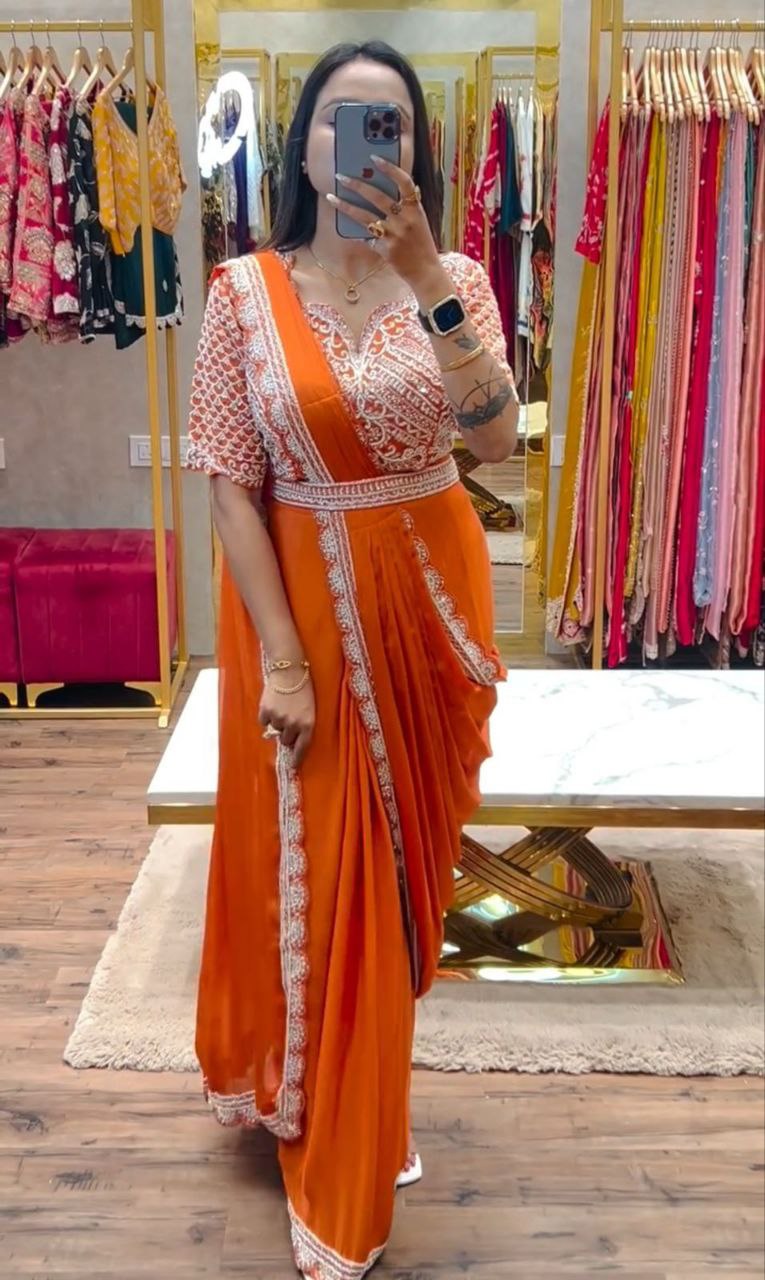 Trending Embroidery cording work ready to wear saree with Embroidery Blouse
